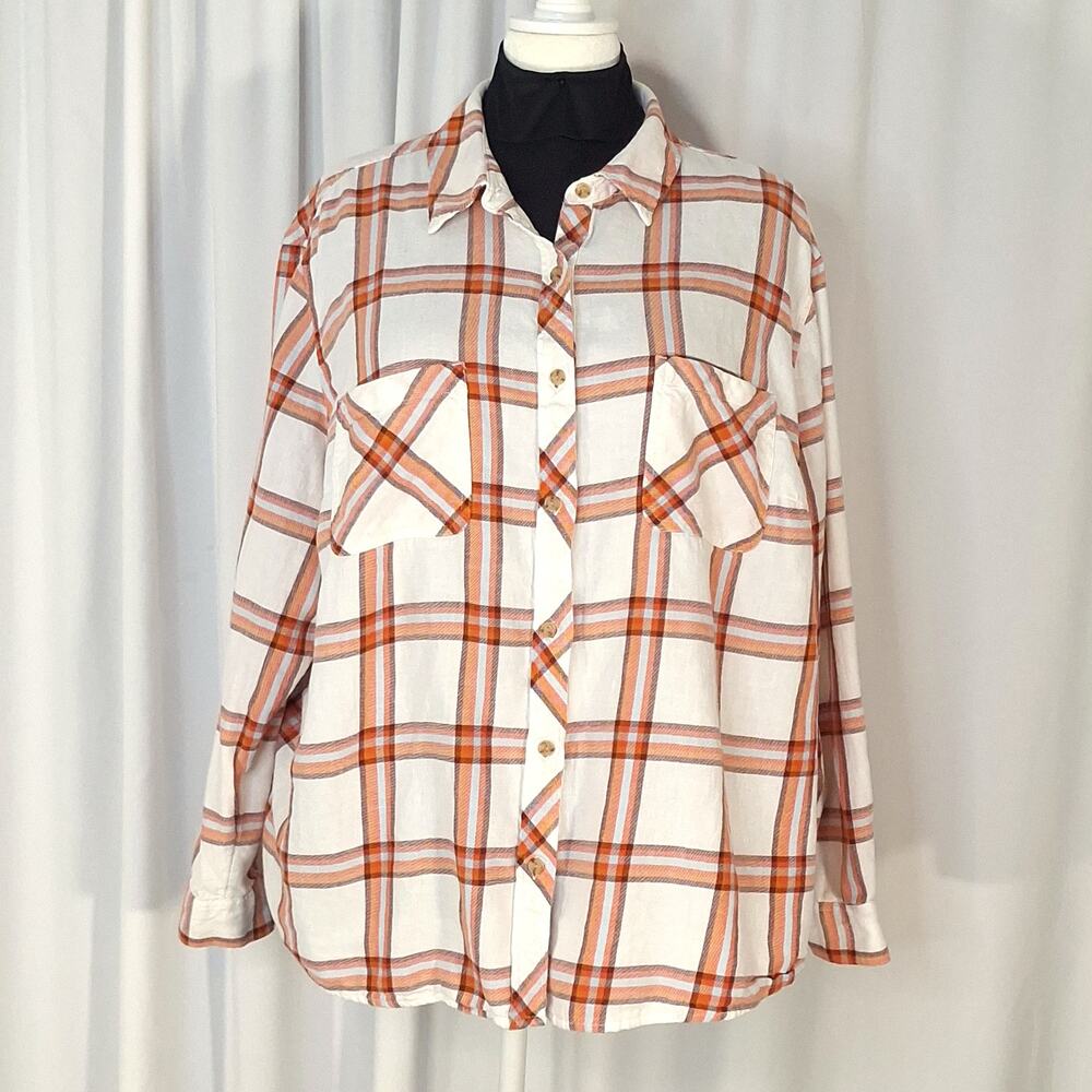 a.n.a Women’s Plus 2X Cream Orange Plaid Cotton Flannel Button Shirt Cottagecore